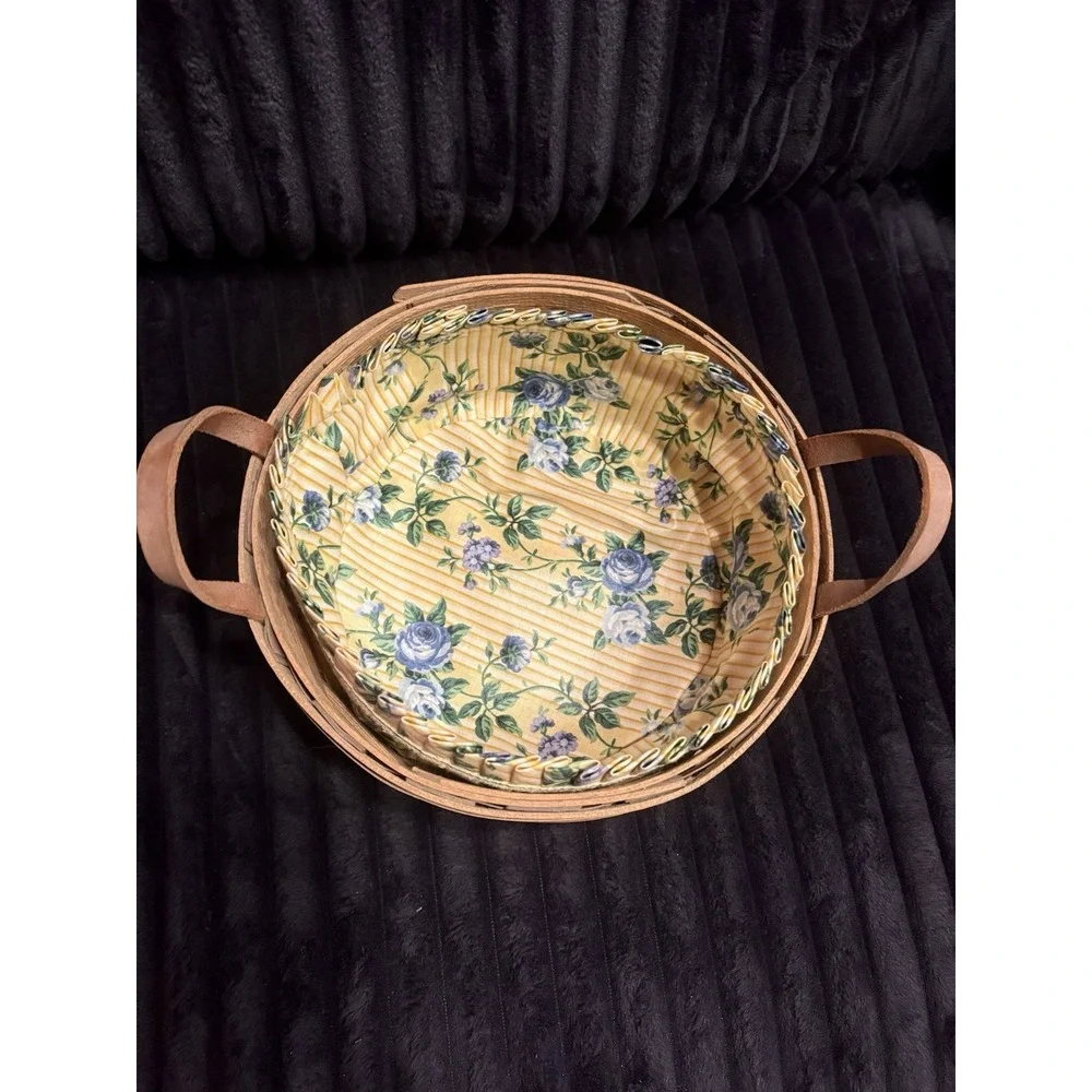 LongabergerBasket with Floral Liner Leather Handles‎ Vintage 1986 Signed